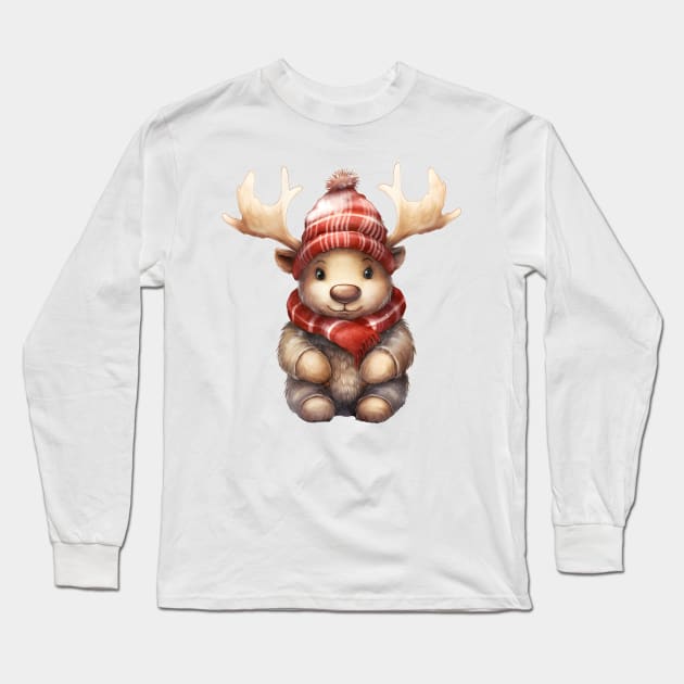 Moose in Santa Hat Long Sleeve T-Shirt by Chromatic Fusion Studio